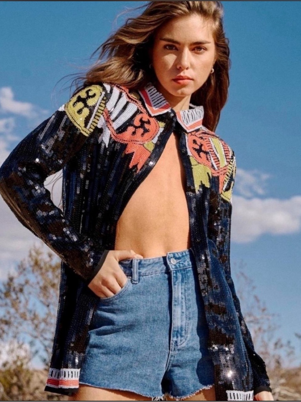 Nasty Gal Country Star Black Sequin Embellished Western Shirt Jacket Size 6